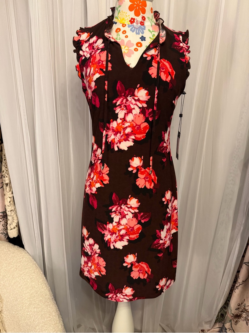 Tommy Hilfiger Brown Floral Mini Dress with Pink & Coral Blooms